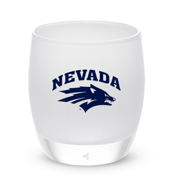 Nevada, white with sandblasted University of Nevada, Reno etching hand painted in navy blue, hand-blown glass votive candle holder.