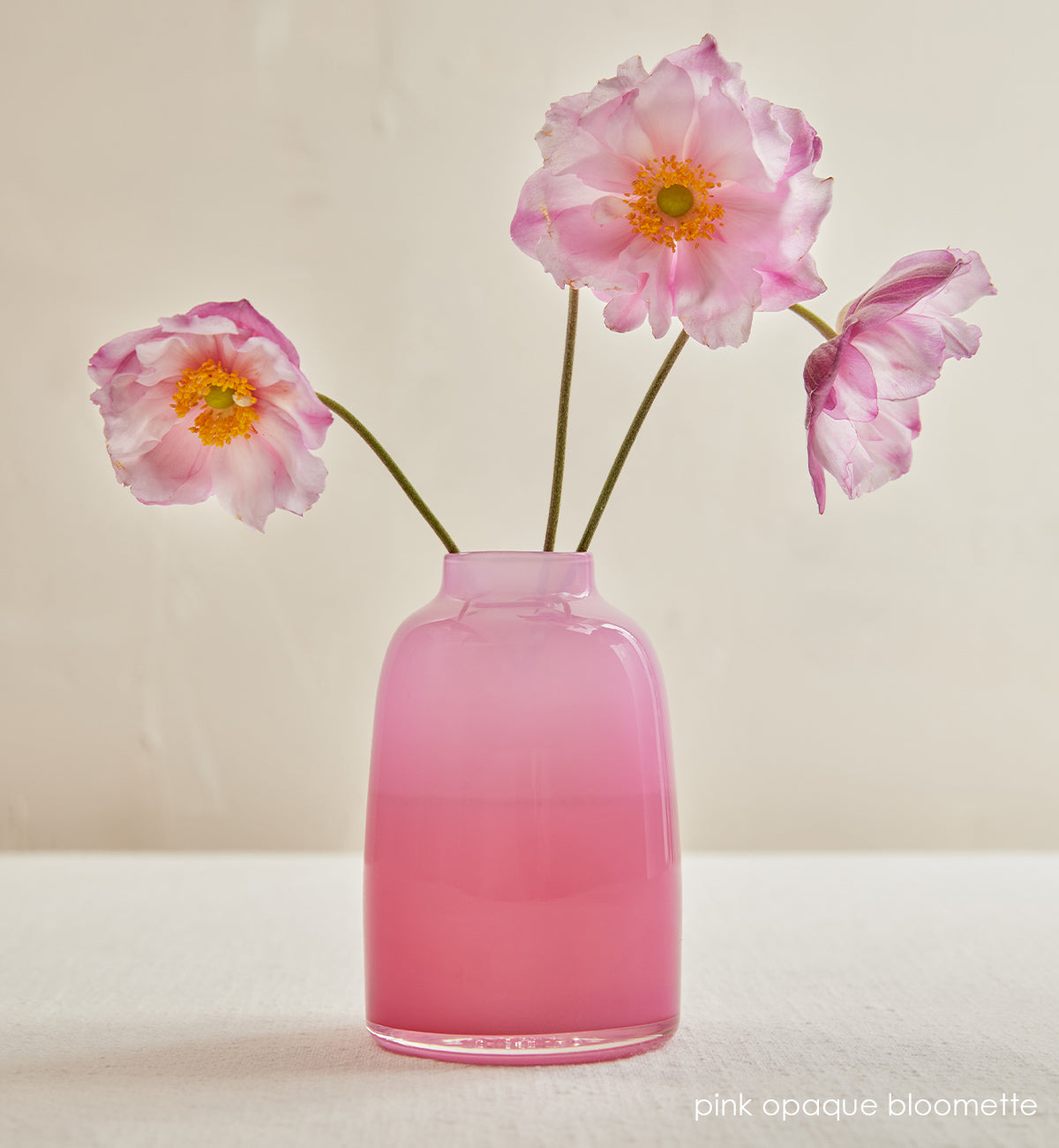 pink opaque bloomette, pink opaque hand-blown glass flower bud vase with pink flowers inside in front of a cream background.