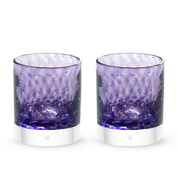 two royal purple rockers, purple with bubble pattern hand-blown glass lowball drinking glassses.