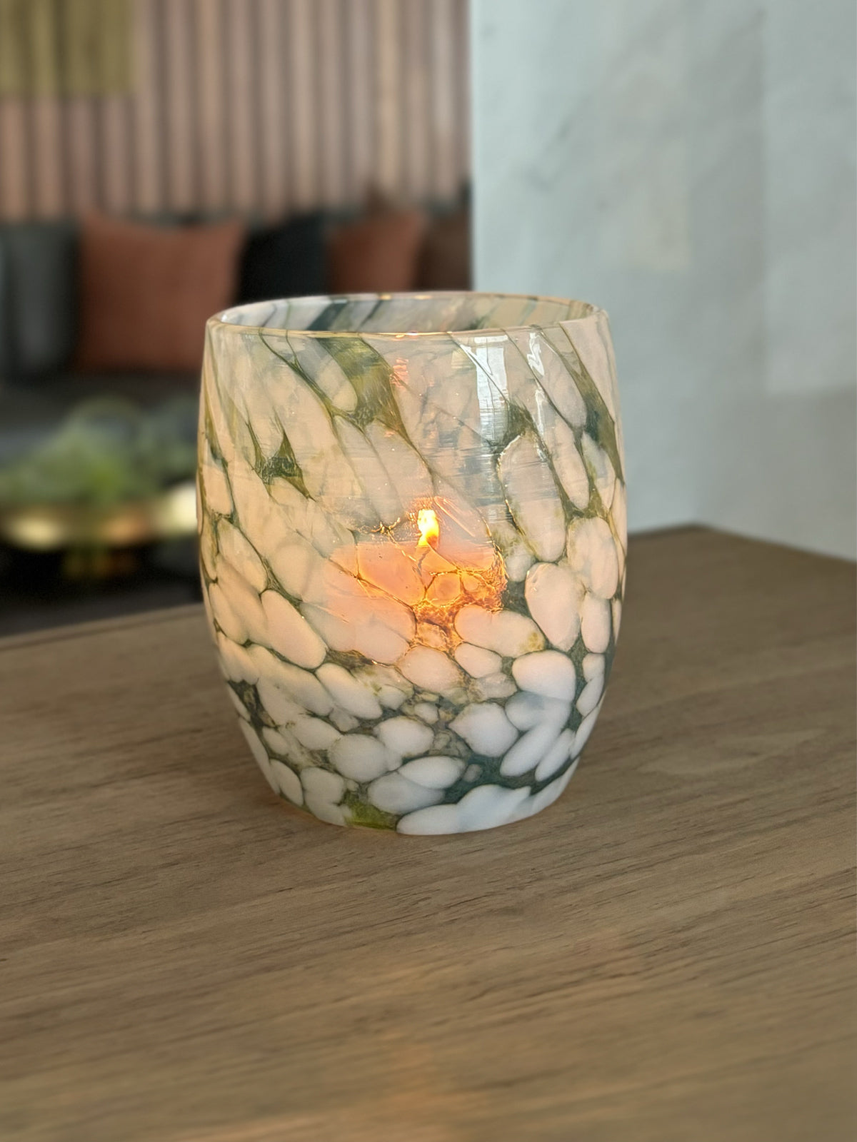 'secret garden' green and white hand-blown glass candle holder