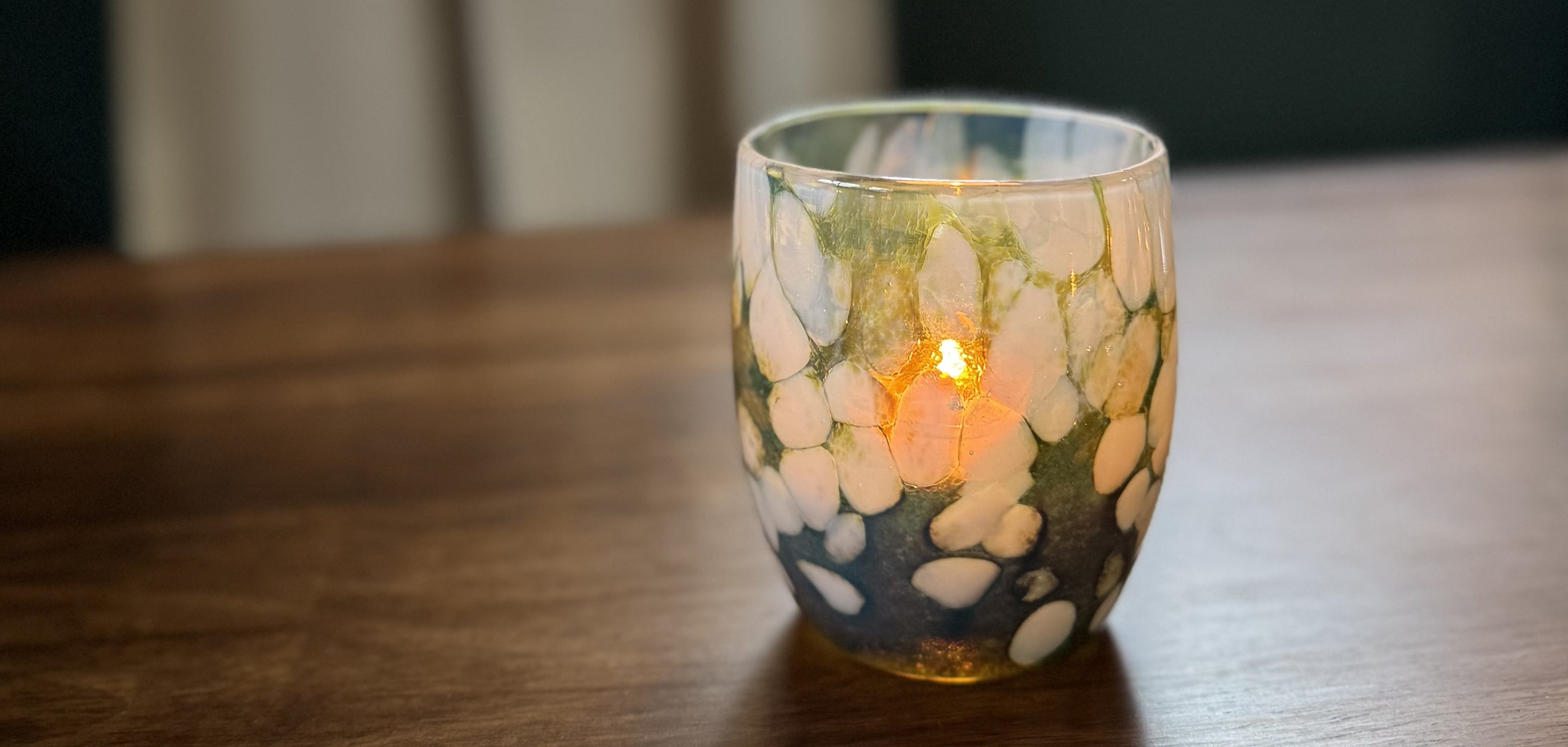 'secret garden' green and white hand-blown glass candle holder