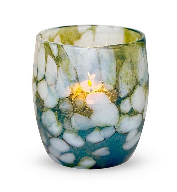 'secret garden' green with white specs hand-blown glass candle holder lit