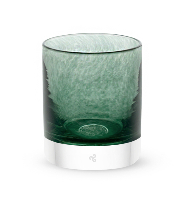 Trout Creek rocker, dark green teal transparent hand-blown glass lowball drinking glass.