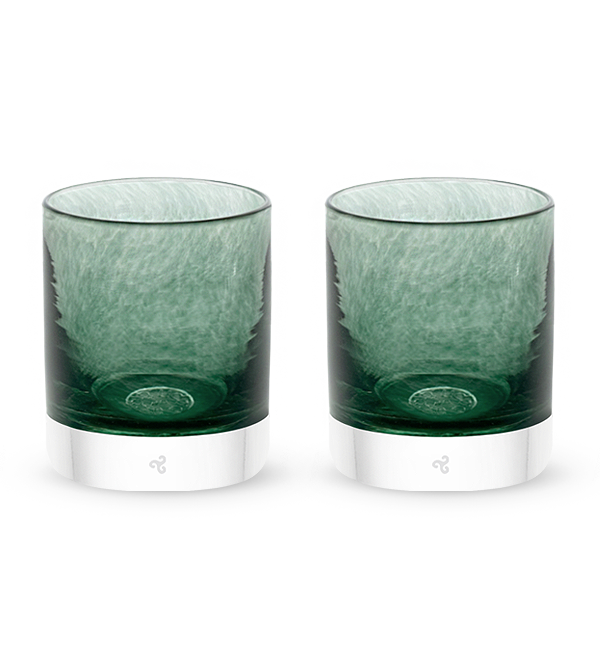 two Trout Creek rockers, dark green teal transparent hand-blown glass lowball drinking glasses.
