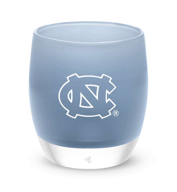 North Carolina, light baby blue with sandblasted University of North Carolina etching outline hand-painted in white, hand-blown glass votive candle holder.