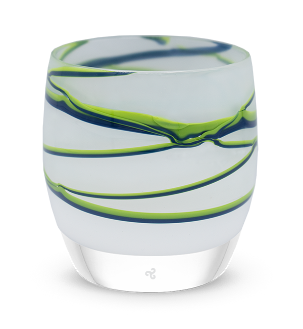 seventy six, white with blue green webbing on top, hand-blown glass votive candle holder