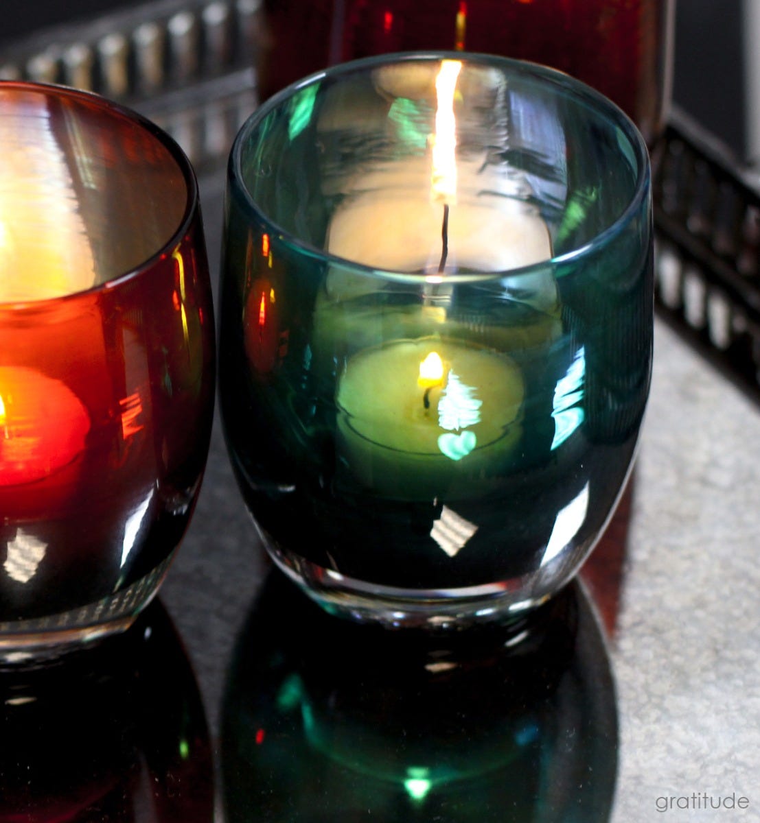 gratitude, green hand-blown glass candle holder