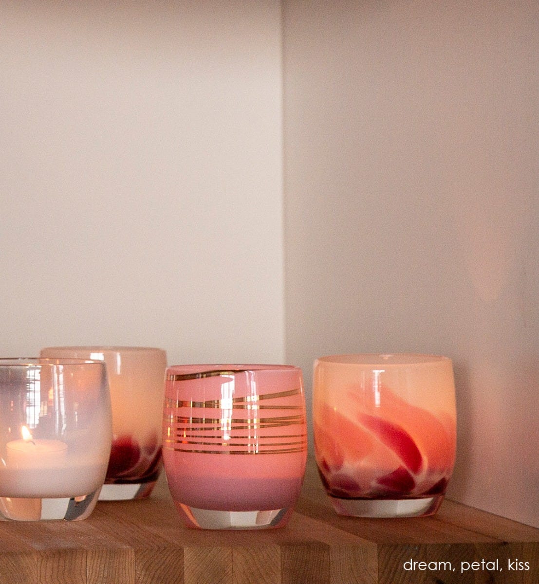 kiss pink with gold wrap hand-blown glass votive candle holder. Paired with dream and petal.