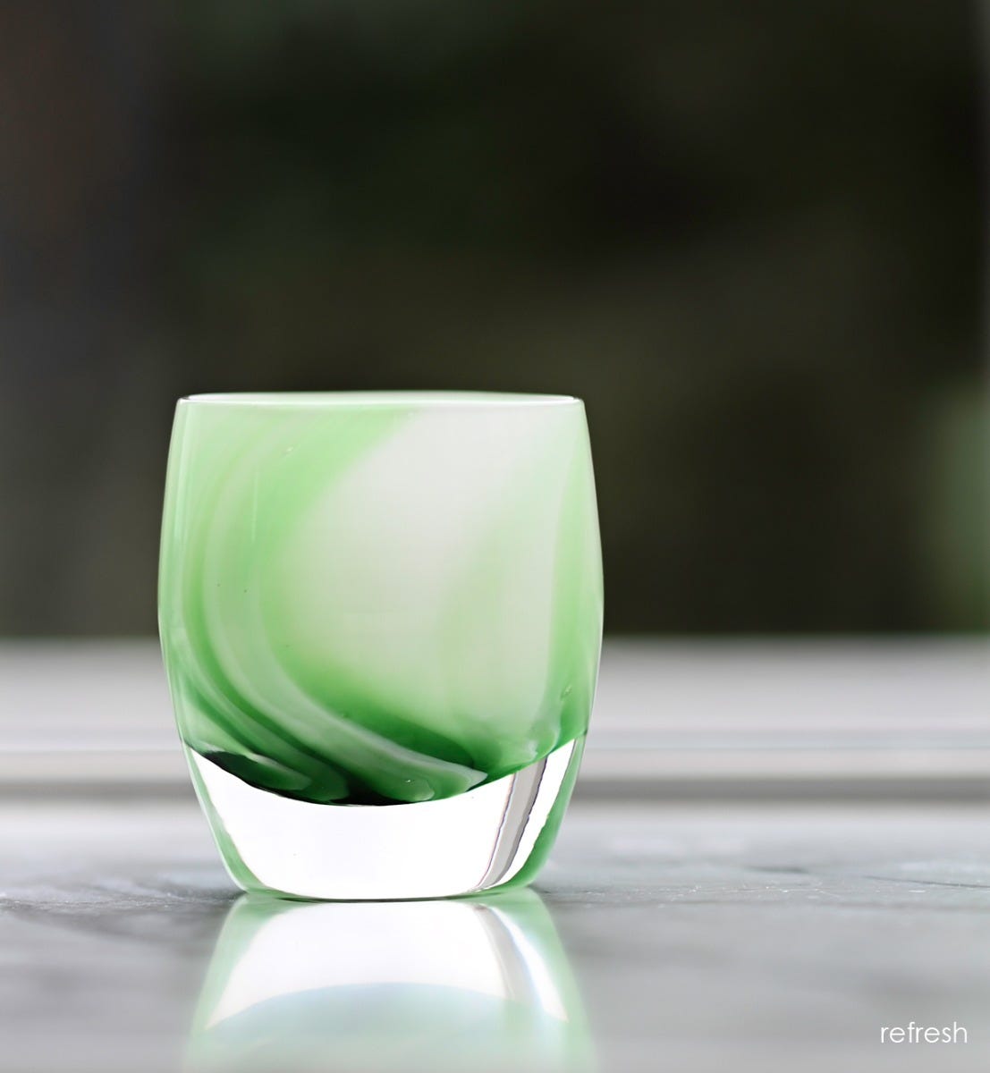 refresh, green and white opaque swirl, hand-blown glass votive candle holder