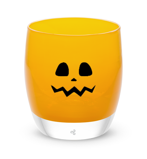 sassy bright orange yellow hand-blown glass votive candle holder. etched with black jack'o lantern face